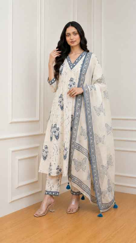 Women's Floral Printed 100% Cotton Kurti Palazzo Pants Set 